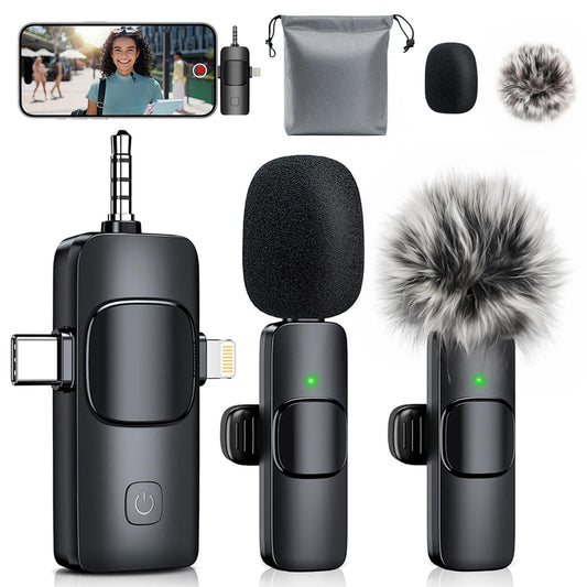 Mini Microphone, 3 in 1 Wireless Lavalier Microphones for iPhone, iPad, Camera and Android Devices, Noise Reduction Lapel Mic, Clip on Mic for Video Recording Vlog, YouTube, Interview