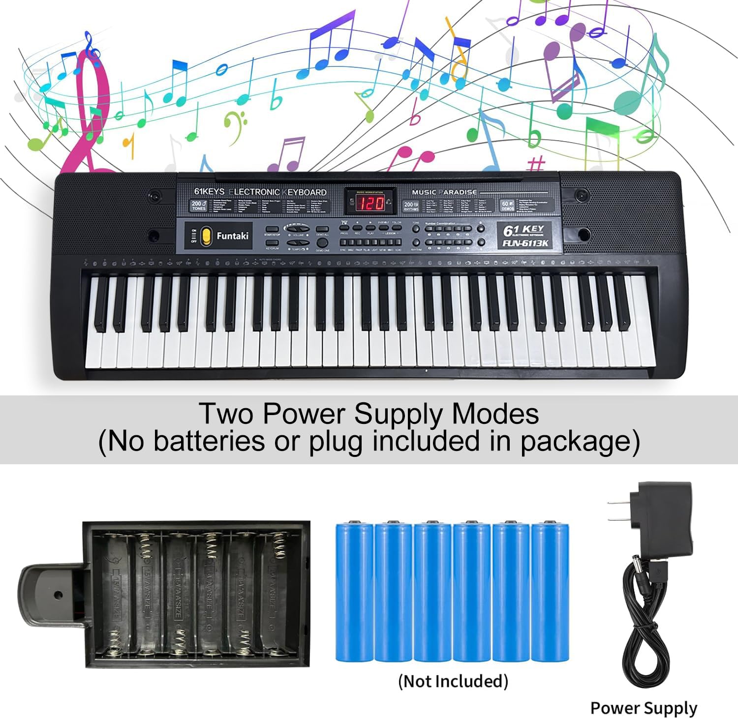 Portable 61-Keys Digital Piano, Electronic Keyboard Piano with Lighted Keys &amp; Music Stand, Mini Keyboard Piano for Beginners Kids Adults, Digital Keyboards, Black [NO Adapter]