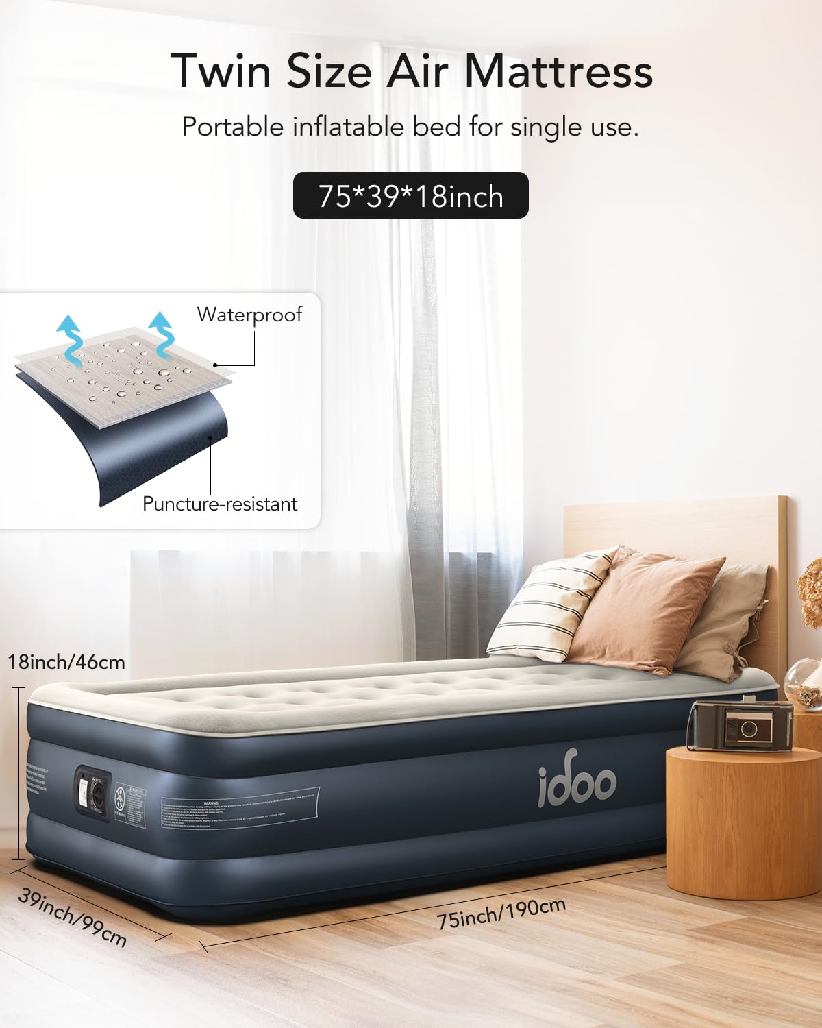 iDOO Queen Air Mattress with Built in Pump, 18 Raised Comfort Blow up Mattress, Upgraded Four Chamber Airbed, Inflatable Mattress for Guests and Home, colchon inflable, Air Bed, 650 lbs Max