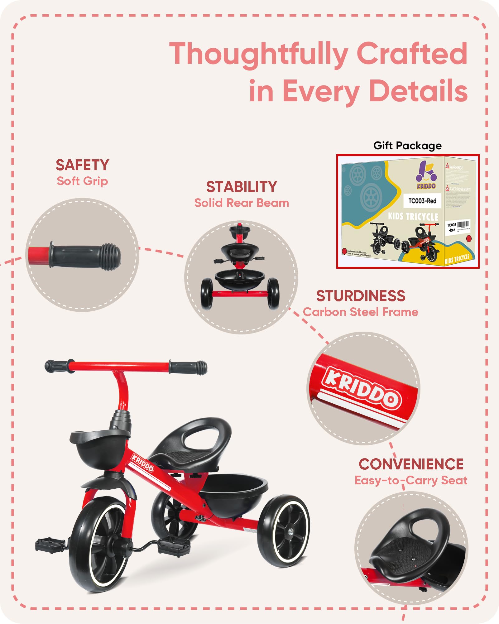 KRIDDO Kids Tricycle for 2-5 Year Olds - Gift for Toddlers - Black