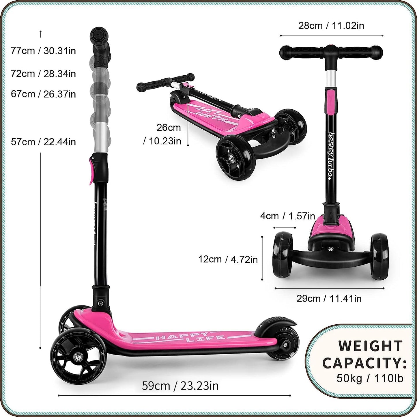 besrey Kick Scooter for Kids Ages 3-10, 3 Wheel Scooter for Kids with Adjustable Height, Folding Kids Scooter with LED Light Wheels Rear Brak Extra Wide Deck Outdoor Activities for Boys/Girls