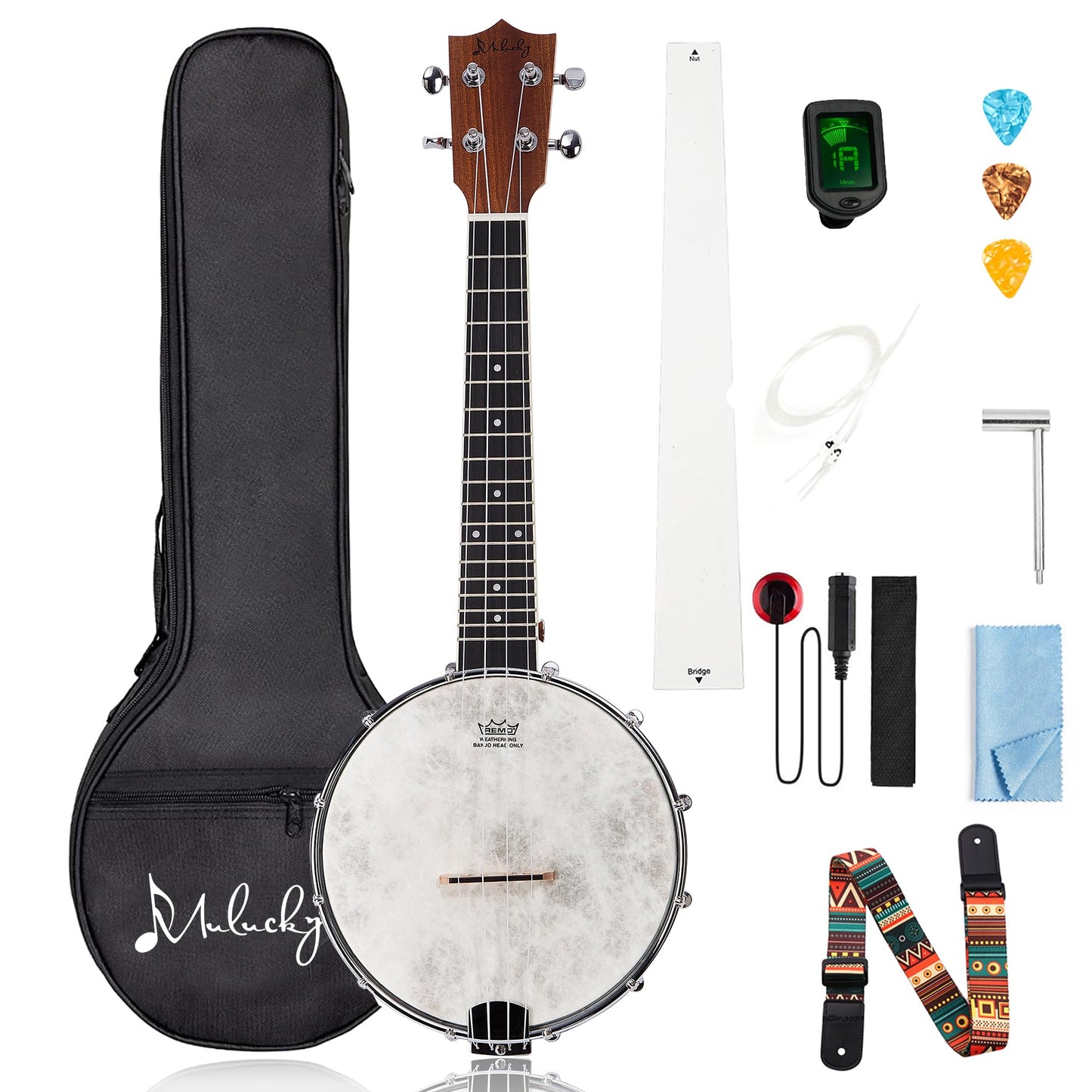 Mulucky 4-String Banjo Ukulele | 23" Sapele Wood with Remo Head &amp; Nylon Strings | Dark Brown Travel Kit (Bag, Tuner, Picks) - MBU-808