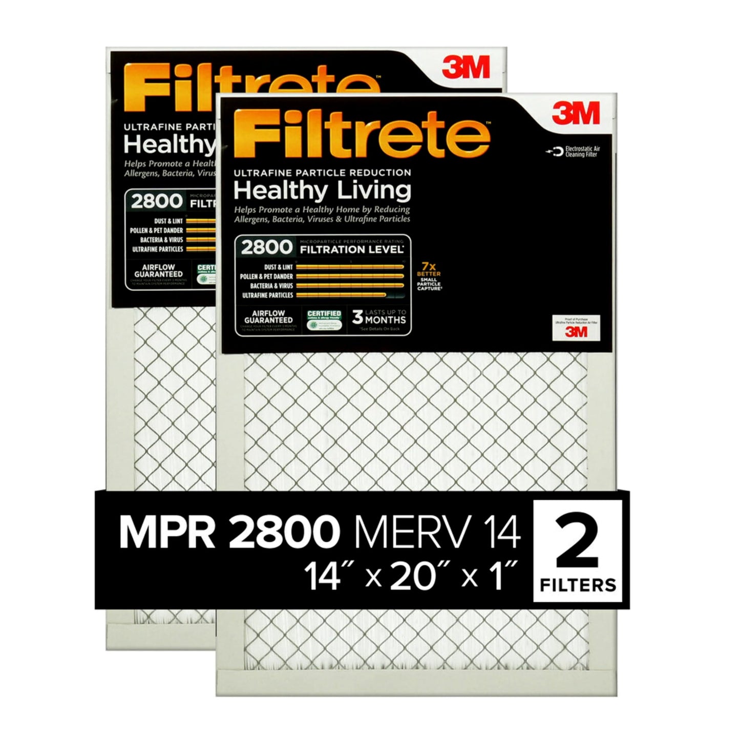 Filtrete 14x20x1 Air Filter, MPR 2800, MERV 14, Healthy Living Ultrafine Particle Reduction 3-Month Pleated 1-Inch Air Filters, 2 Filters