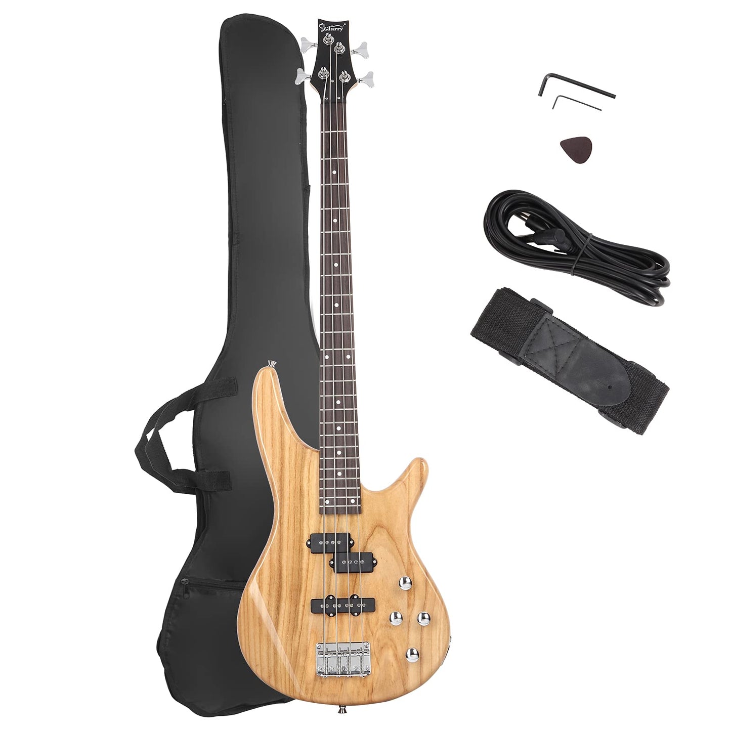 GLARRY 4 String GJazz Electric Bass Guitar Full Size Right Handed with Guitar Bag, Amp Cord and Beginner Kits (Burly Wood)