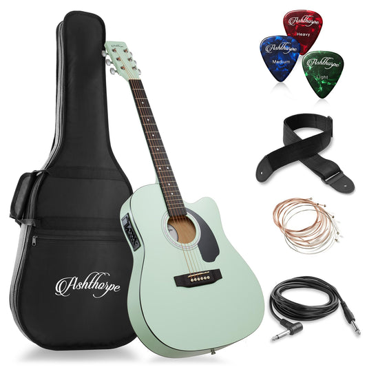 Ashthorpe Full-Size Cutaway Thinline Acoustic-Electric Guitar Package - Premium Tonewoods - Black