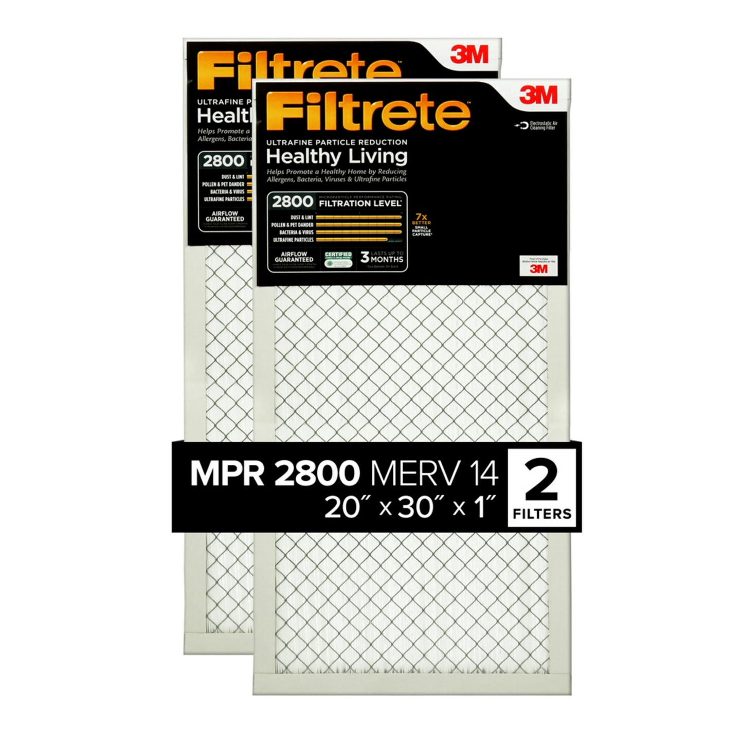 Filtrete 14x20x1 Air Filter, MPR 2800, MERV 14, Healthy Living Ultrafine Particle Reduction 3-Month Pleated 1-Inch Air Filters, 2 Filters