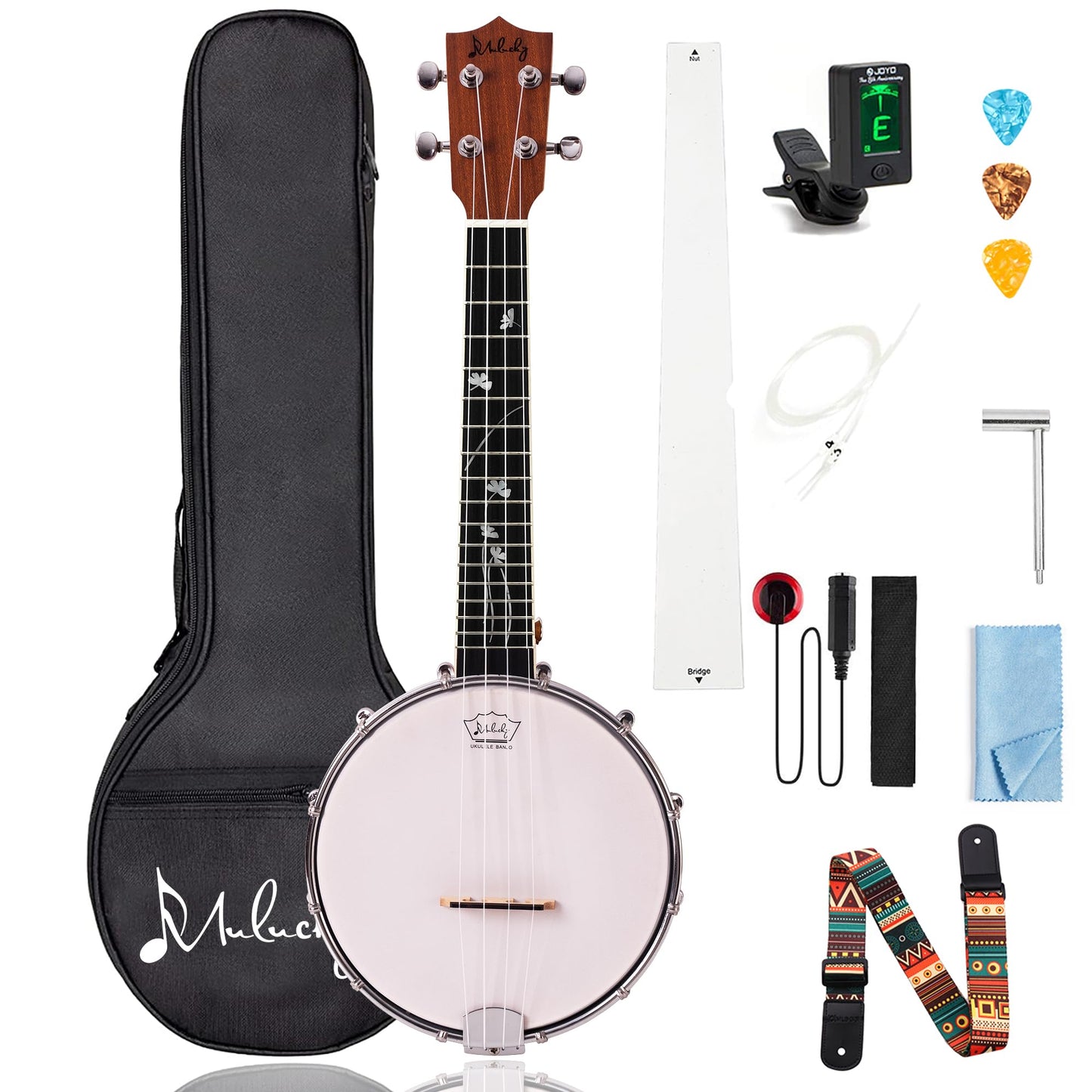 Mulucky 4-String Banjo Ukulele | 23" Sapele Wood with Remo Head &amp; Nylon Strings | Dark Brown Travel Kit (Bag, Tuner, Picks) - MBU-808