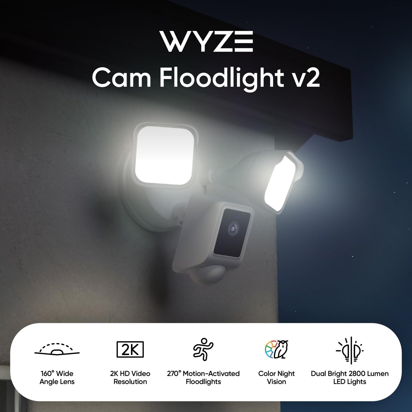 WYZE Floodlight Camera v2, 2800-Lumen LEDs, 2K HD Outdoor Security Camera, 160° Wide View, Motion Activated Light, 105dB Siren, Color Night Vision, Compatible with Alexa &amp; Google Assistant, Wired