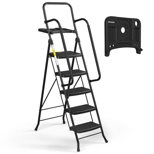 HBTower Step Ladder, Folding Step Stool with Wide Anti-Slip Pedal, Sturdy Steel Ladder, Convenient Handrail, Lightweight, Portable Steel Step Stool