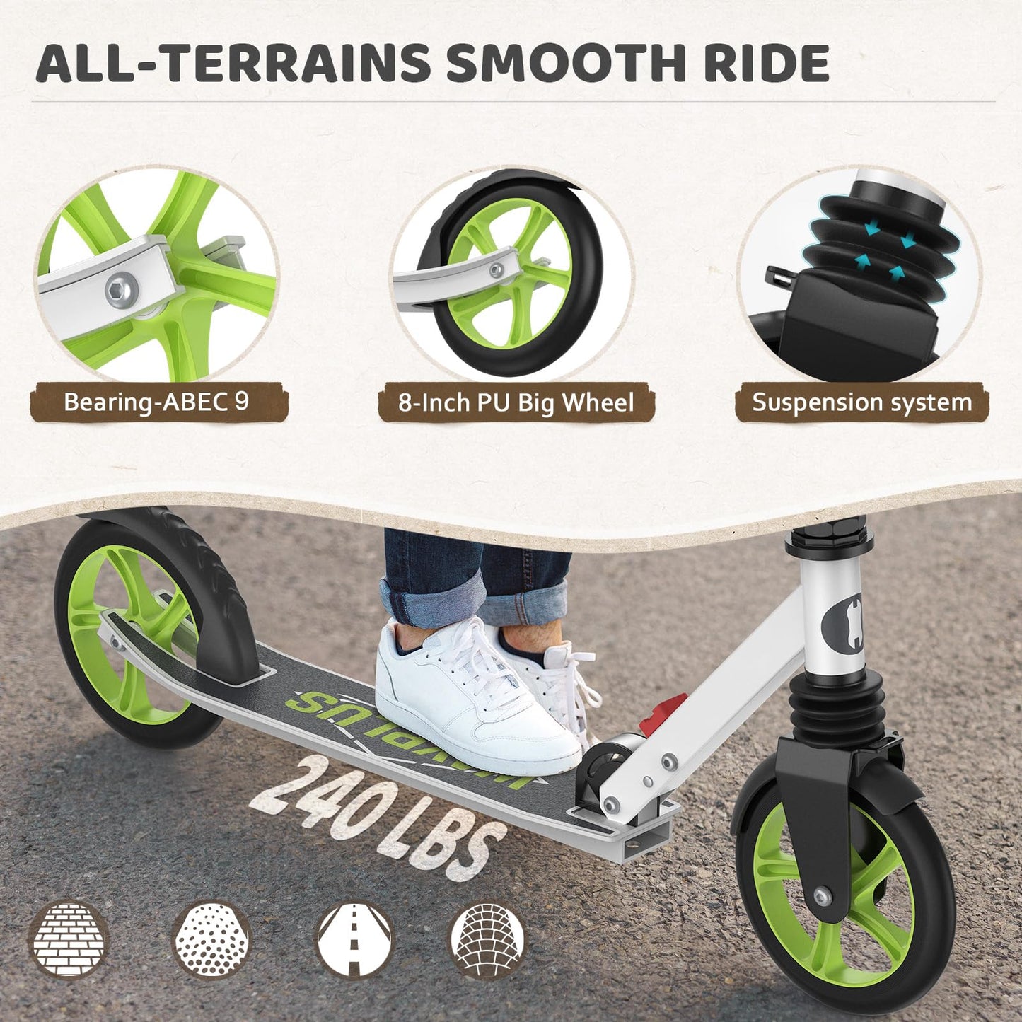 Kick Scooter for Ages 6+,Kid, Teens &amp; Adults. Max Load 240 LBS. Foldable, Lightweight, 8IN Big Wheels for Kids, Teen and Adults, 4 Adjustable Levels. Bearing ABEC9