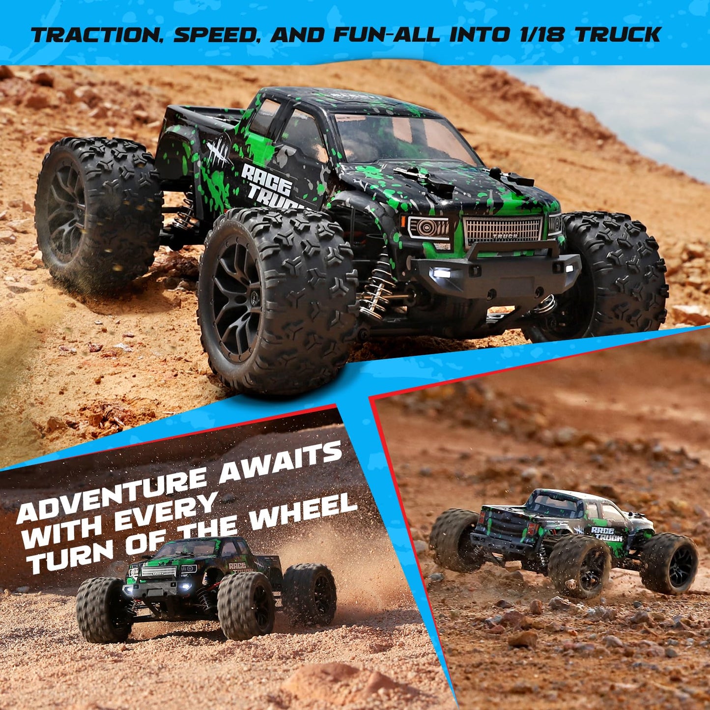 HAIBOXING 1:18 Scale All Terrain RC Car 18859, 36 KPH High Speed 4WD Electric Vehicle with 2.4 GHz Remote Control, 4X4 Waterproof Off-Road Truck with Two Rechargeable Batteries