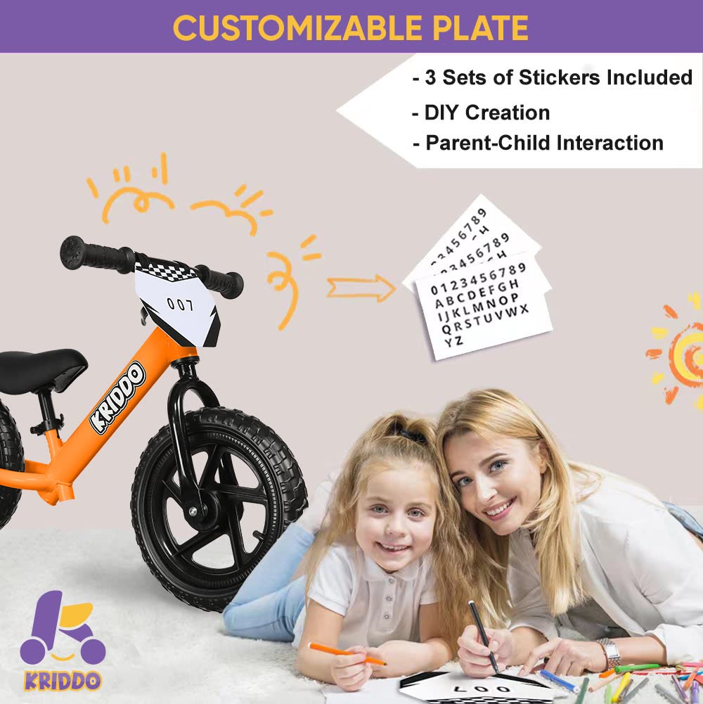 KRIDDO Toddler Balance Bike 2 Year Old, Age 24 Months to 5 Years Old, 12 Inch Push Bicycle with Customize Plate (3 Sets of Stickers Included), Steady Balancing, Gift Bike for 2-3 Boys Girls