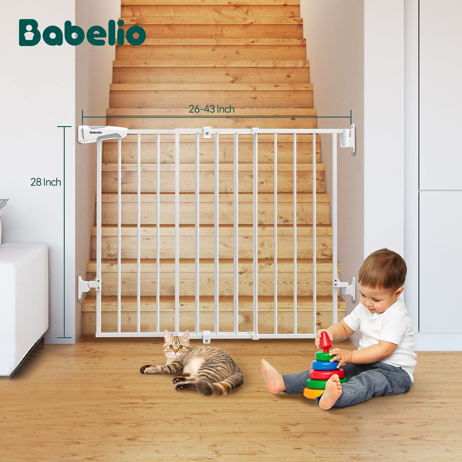 Babelio 26-43" No Bottom Bar Baby Gate for Babies, Elders and Pets, 2-in-1 Hardware Mount Dog Gate for The House, Stairs and Doorways, with Large Walk Thru Door, Black