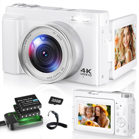 4K Digital Camera for Photography, 48MP Autofocus Vlogging Camera for YouTube with 3'' 180°Flip Screen, 16X Digital Zoom Anti-Shake Compact Travel Camera with SD Card, 2 Batteries &amp; Charging Stand