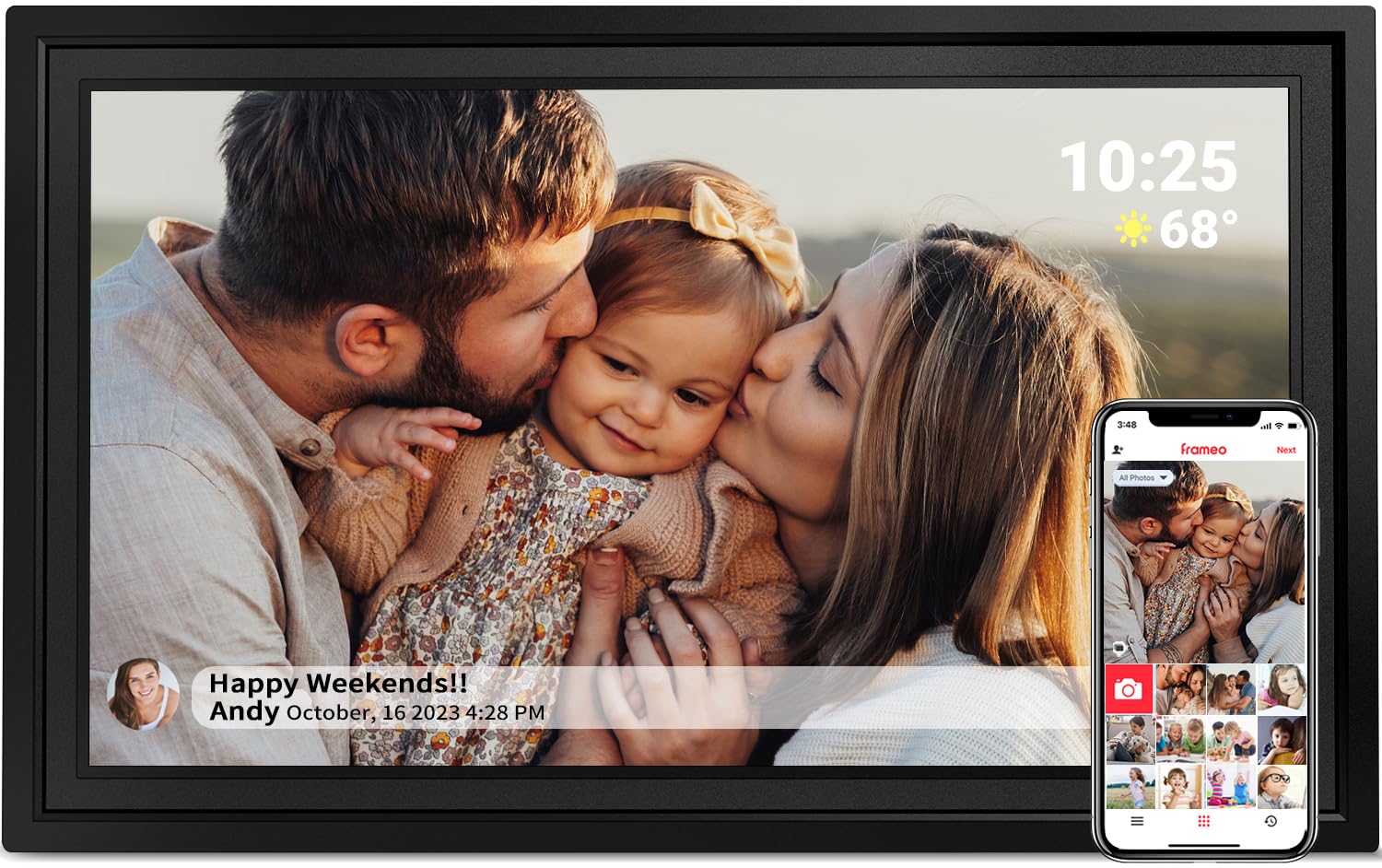 Frameo 10.1 Inch Smart WiFi Digital Picture Frame, 32GB Memory, 1280x800 HD IPS Touchscreen, Digital Photo Frame, Auto-Rotate, Wall Mountable, Share Moments from Anywhere, for Family, Friends-Black