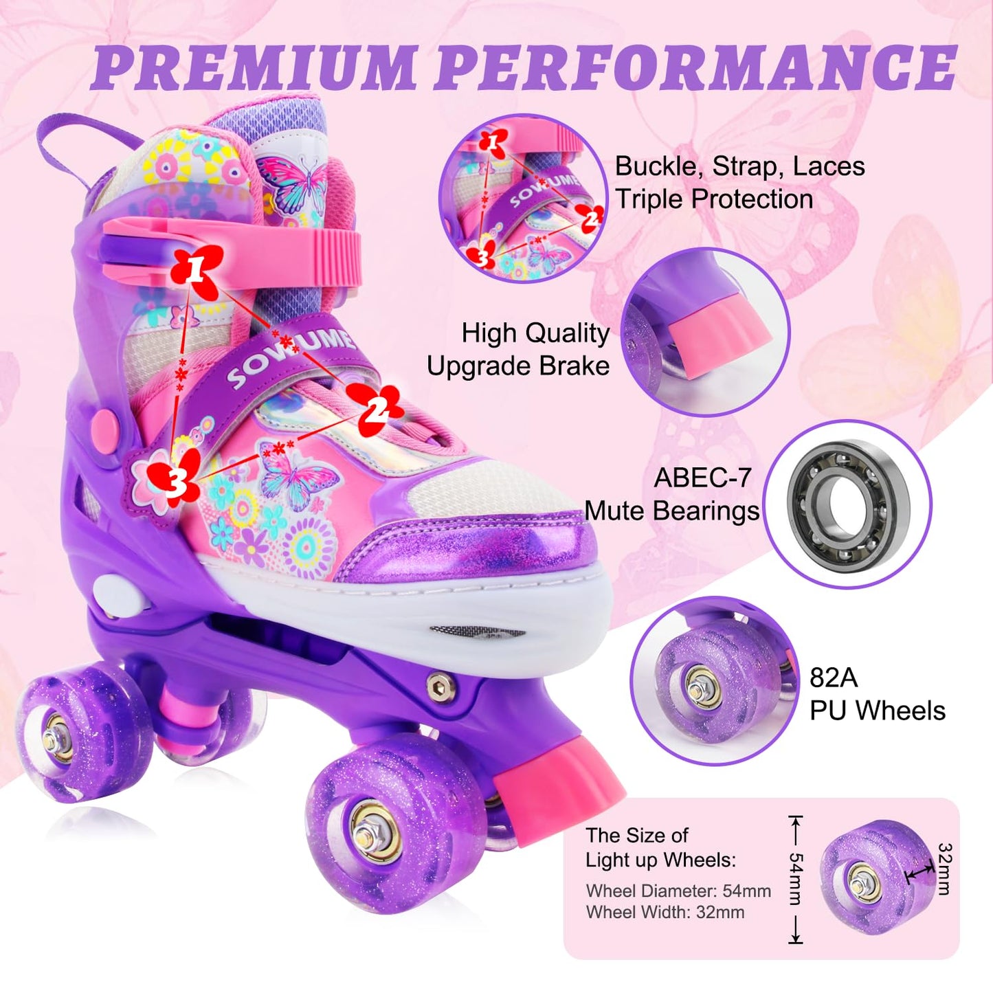 Sowume Adjustable Roller Skates for Girls and Women, All 8 Wheels of Girl's Skates Shine, Safe and Fun Illuminating for Kids