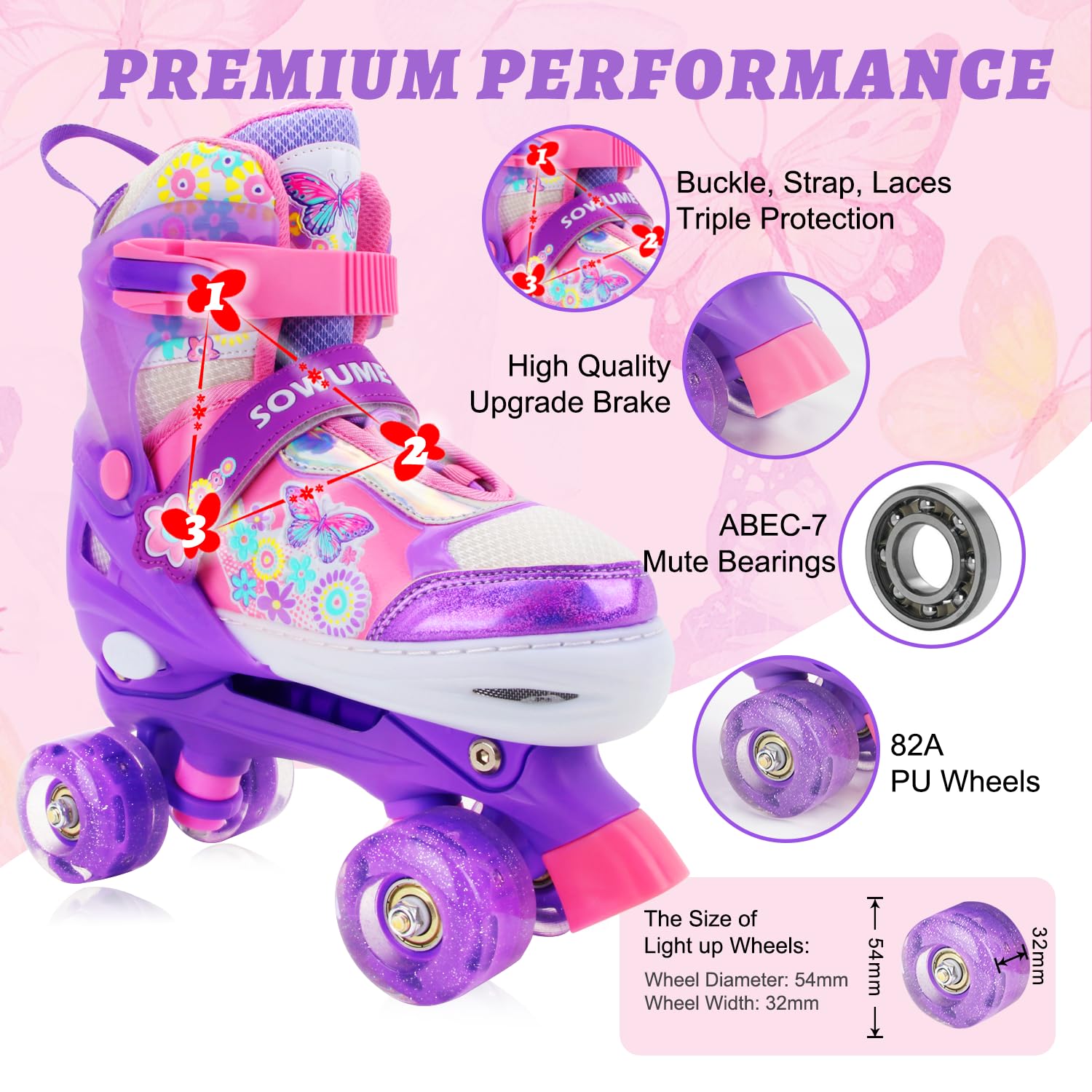 Sowume Adjustable Roller Skates for Girls and Women, All 8 Wheels of Girl's Skates Shine, Safe and Fun Illuminating for Kids