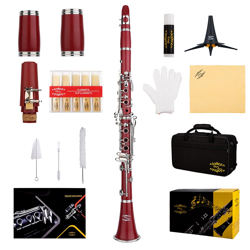 Glory GLY-CLADBL Professional Ebonite Bb Clarinet with 10 Reeds, Stand, Hard Case, Cleaning Cloth, Cork Grease, Mouthpiece Brush and Pad Brush,Dark Blue/Silver