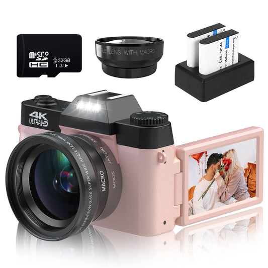 VETEK Digital Cameras for Photography, 4K 48MP Vlogging Camera 16X Digital Zoom Manual Focus Students Compact Camera with 52mm Wide-Angle Lens &amp; Macro Lens, 32G Micro Card and 2 Batteries (Pink)