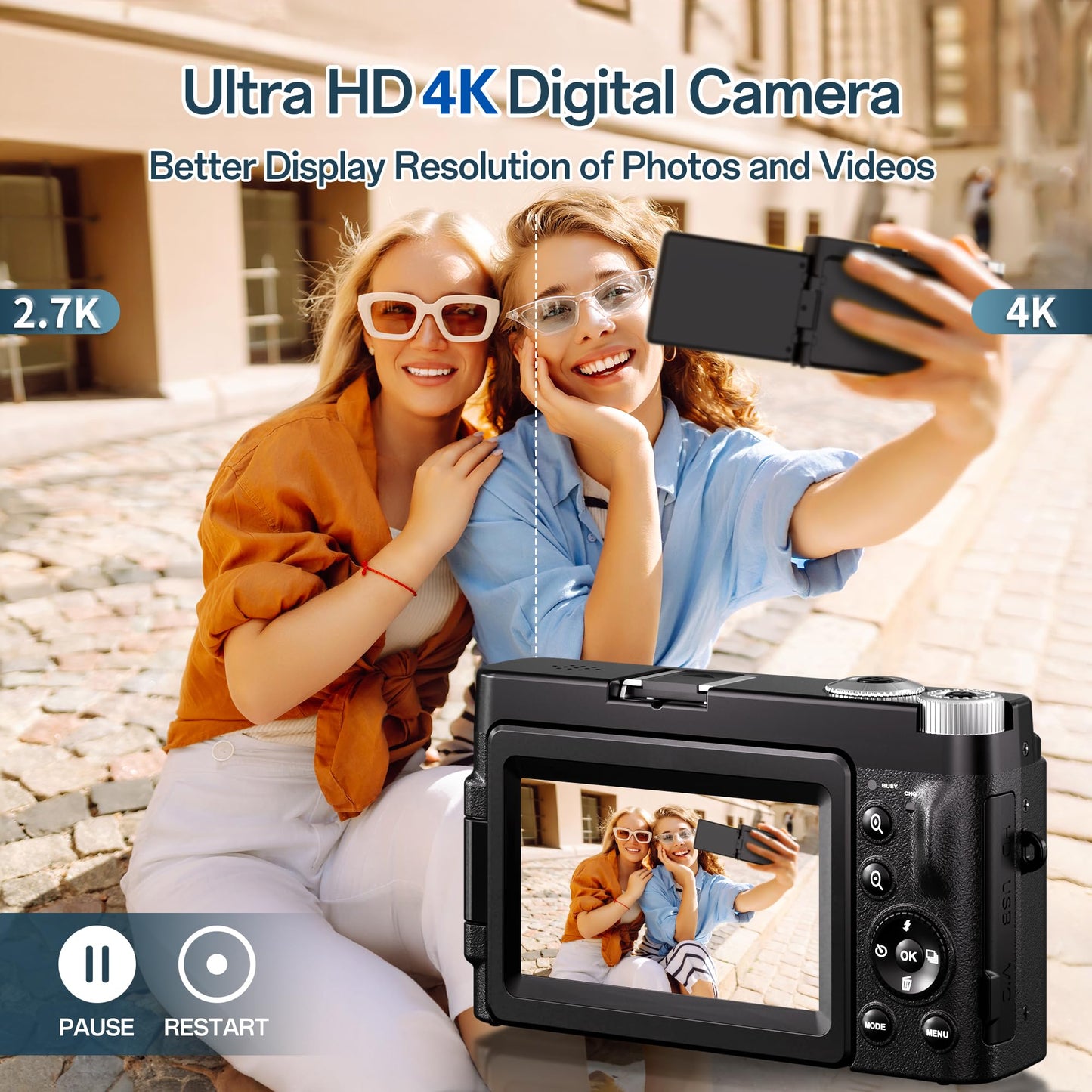 4K Digital Camera for Photography, 48MP Autofocus Vlogging Camera for YouTube with 3'' 180°Flip Screen, 16X Digital Zoom Anti-Shake Compact Travel Camera with SD Card, 2 Batteries &amp; Charging Stand