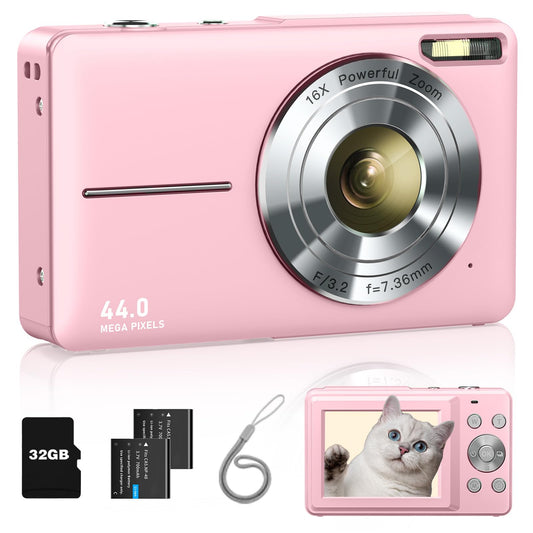 Digital Camera, FHD 1080P Point and Shoot Kids Camera, with 32GB Card, 2 Batteries, 16X Zoom Anti Shake Date Stamp, Compact Portable Small, for Starter Kid Children Teen Student Girl Boy(Pink)