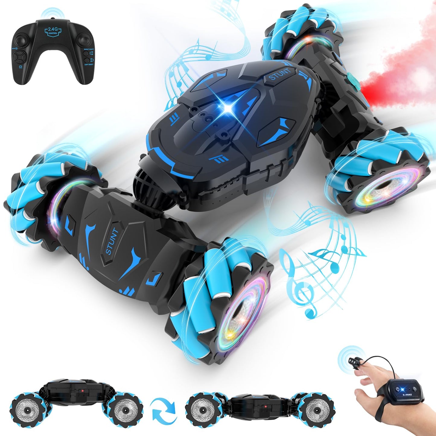 Pristar RC Car Toys for Boys Girls 6-12, Gesture Sensing RC Stunt Car 2.4Ghz 4WD Remote Control Car with Lights Music Double Sided Flip 360° Rotate Off-Road, Birthday Xmas Gifts for Kids Aged 6-12