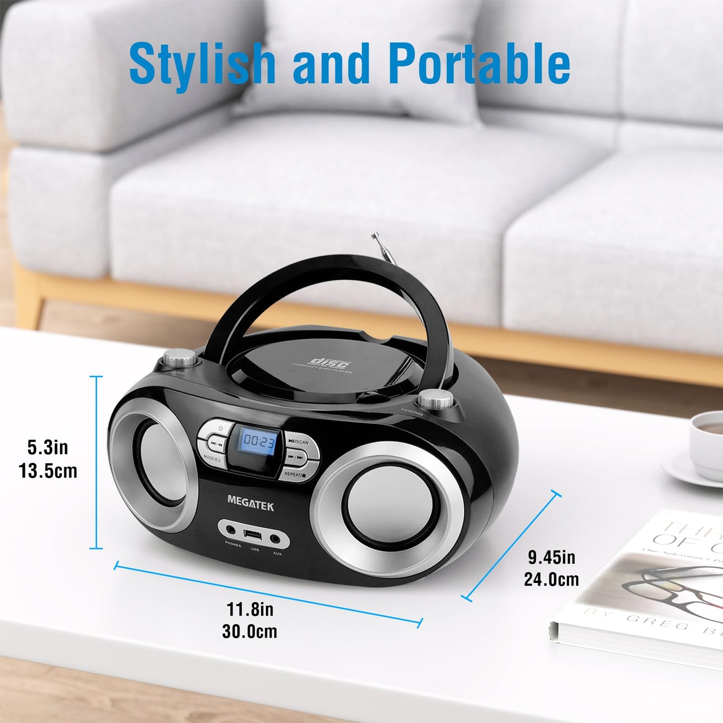 MEGATEK Portable CD Boombox with FM Stereo Radio, Bluetooth, USB Port, and Backlit LCD Display | CD-R/CD-RW/MP3-CD Compatible | AUX Input | Headphone Jack | Programmable CD Player - Black