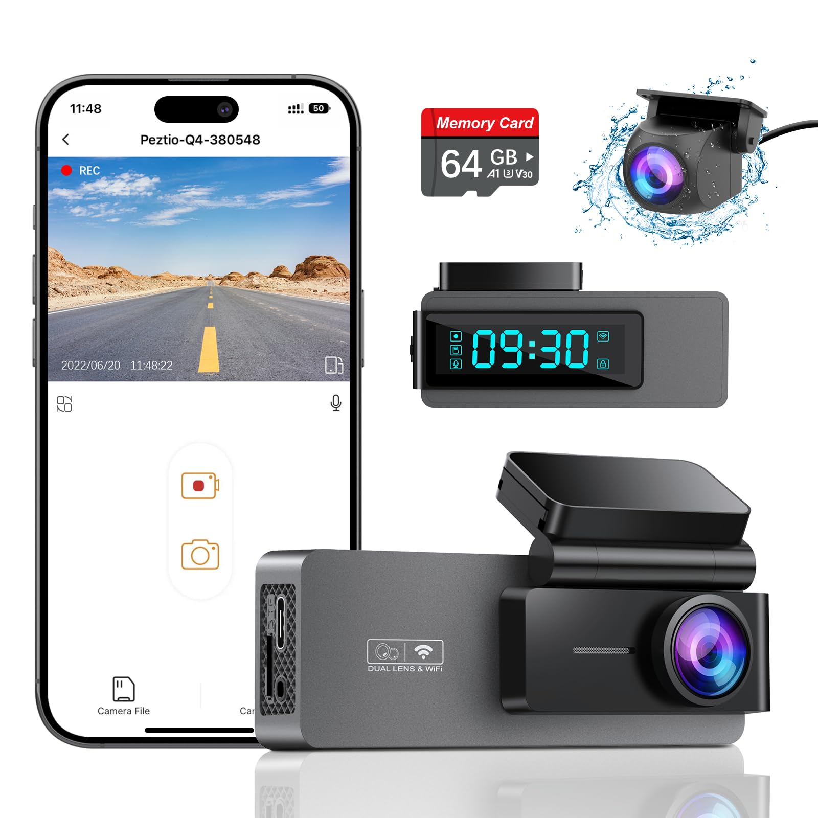 Dash Cam Front and Rear 4K+1080P, Free 64GB Card, Built-in WiFi, Dash Camera for Cars, Car Camera, Dual Dashcams for Cars with Night Vision, 24 Hours Parking Monitor, Loop Recording