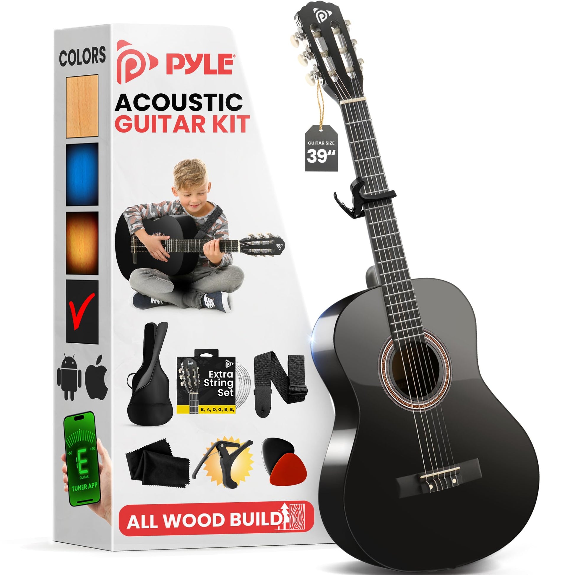 Pyle Left Handed Beginner Acoustic Guitar Kit, 1/4 Junior Size All Wood Build Nylon Stringed Instrument with Capo, Strap, Extra String Set, Gig Bag, Guitars for Beginners Adults Youth, 30" Natural