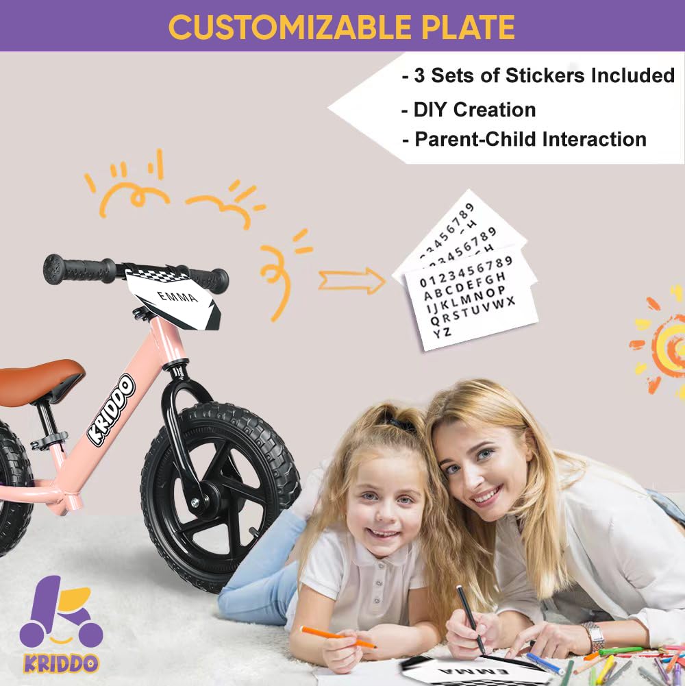 KRIDDO Toddler Balance Bike 2 Year Old, Age 24 Months to 5 Years Old, 12 Inch Push Bicycle with Customize Plate (3 Sets of Stickers Included), Steady Balancing, Gift Bike for 2-3 Boys Girls