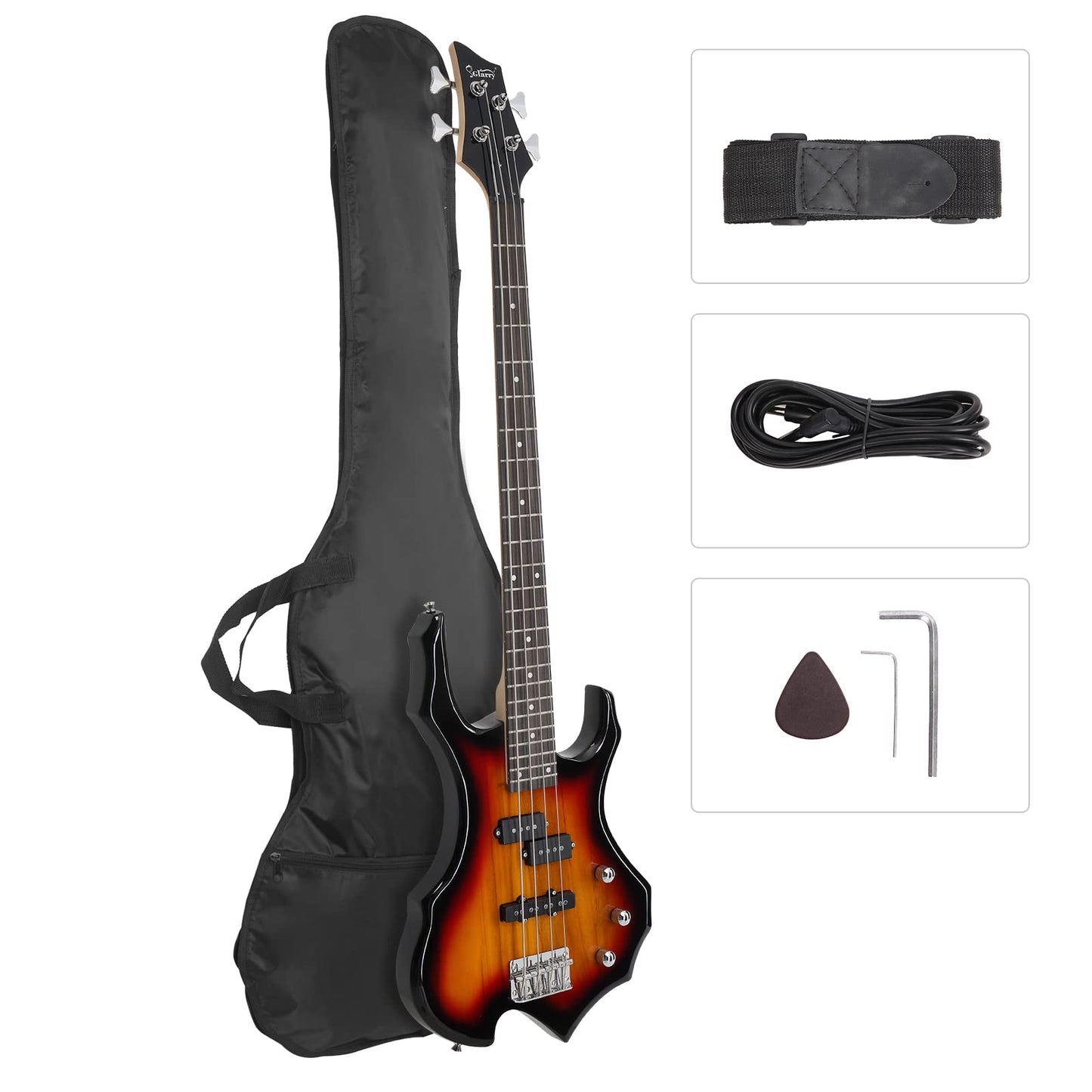 GLARRY Electric Bass Guitar 4 Strings Buring Fire Style Full Size for Beginner Right Hand with Bag, Strap and Accessories (Black)