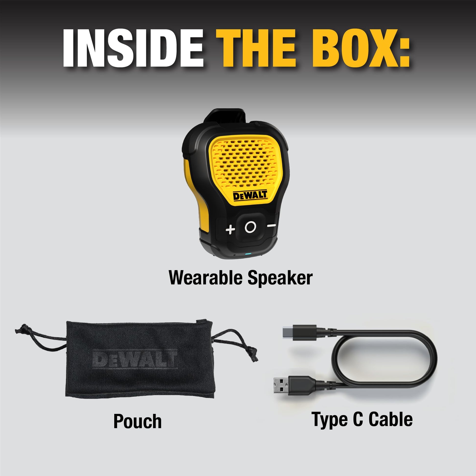 DEWALT Wearable Bluetooth Speaker (Updated Version), Clip-On Wireless Jobsite Pro Water-Resistant Portable Speaker (Non-Magnetic), Built-in Mic for Hands-Free Music/Calls, Bluetooth Speaker (Yellow)