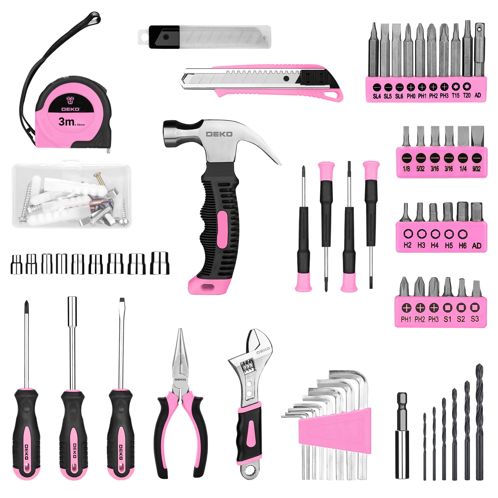 DEKOPRO Drill Set: Tool Set with 8V Red Cordless Drill, Home Tool Kit with Drill, Hand Tool Kits for Women 126 Piece