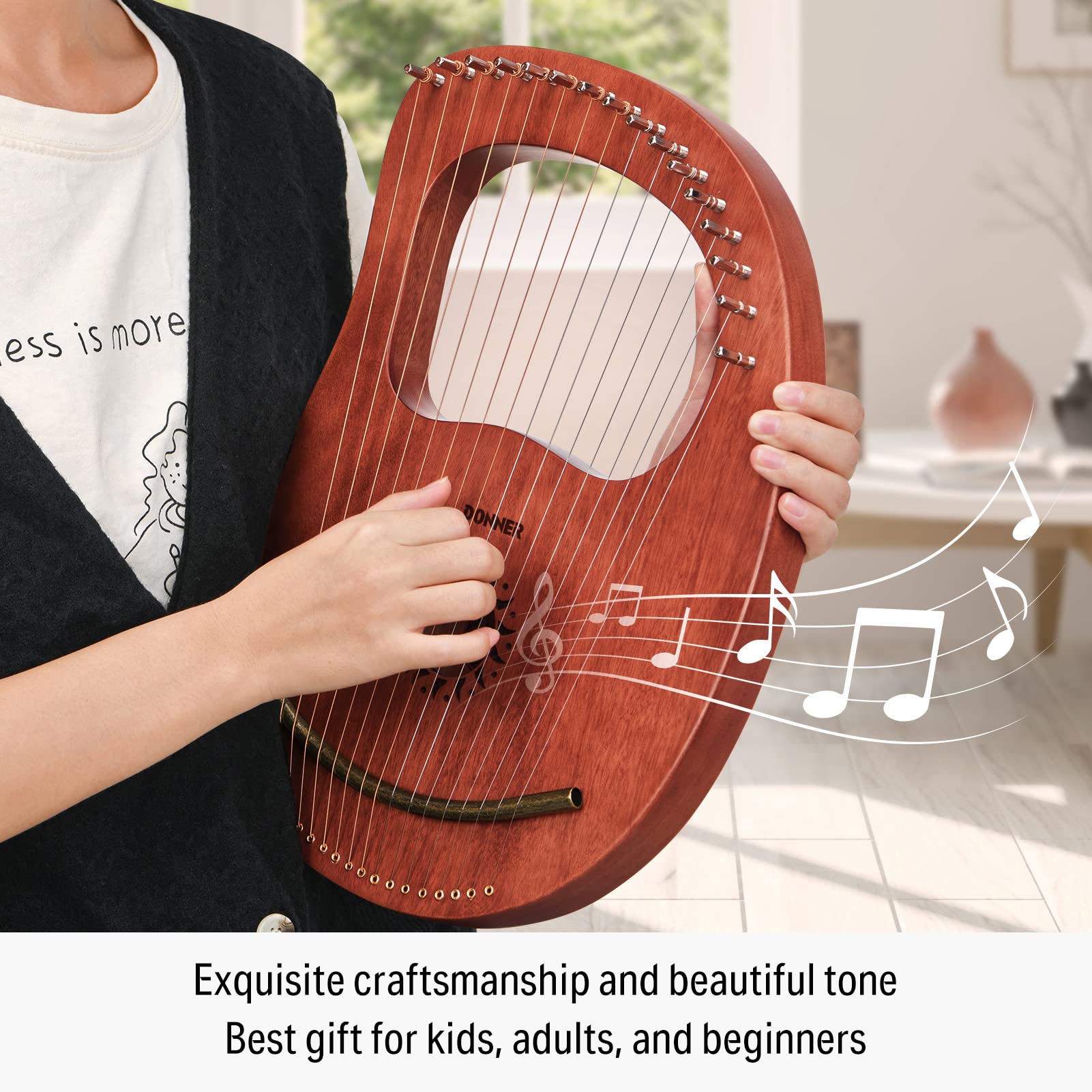 Donner Lyre Harp, 7 Metal Strings, Mahogany Body and Bone Saddle DLH-001 Lyre Harp for Beginner Kids with Tuning Wrench, Spare String Set, Black Gig Bag, Manual, Ancient Greece Style