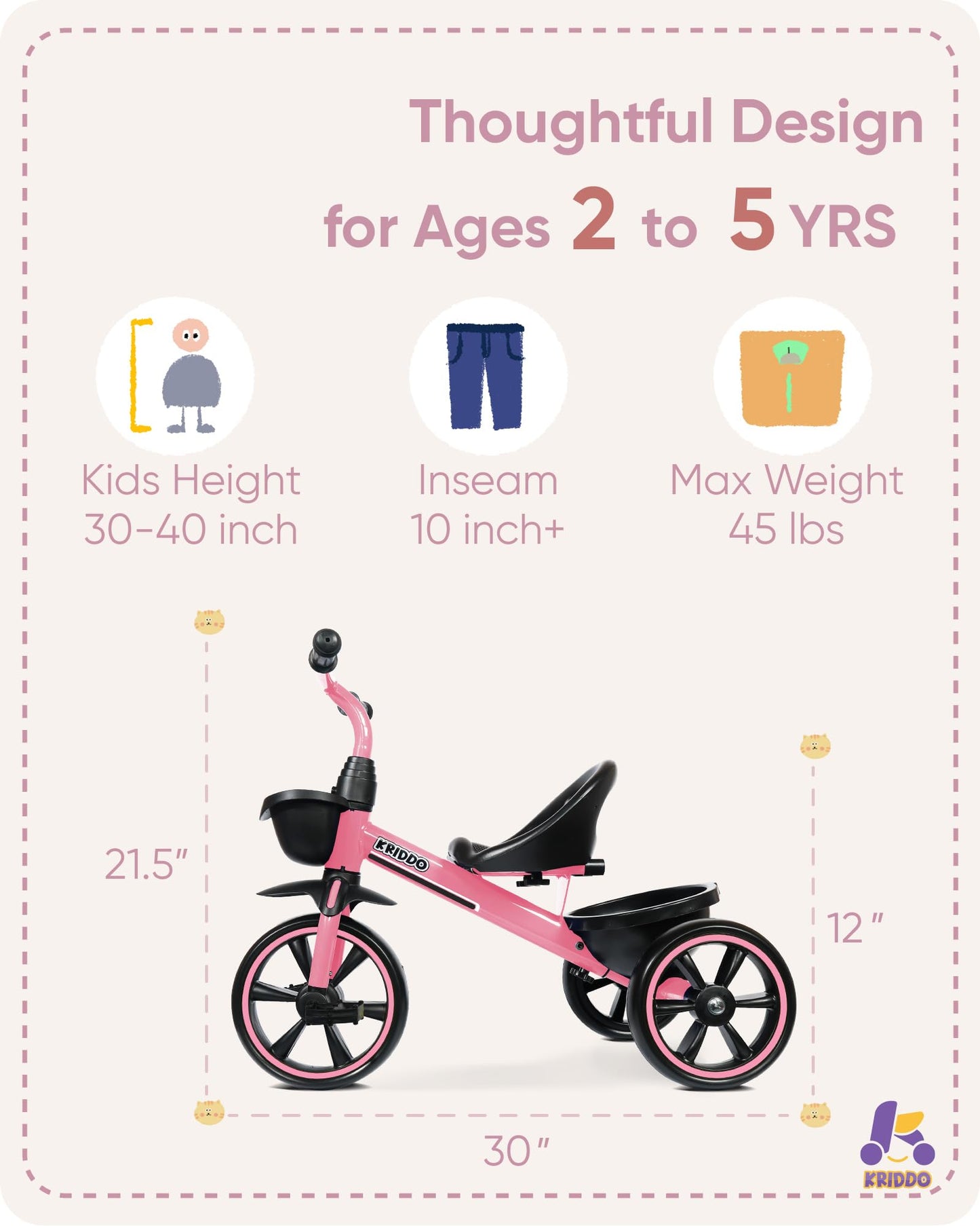 KRIDDO Kids Tricycle for 2-5 Year Olds - Gift for Toddlers - Black