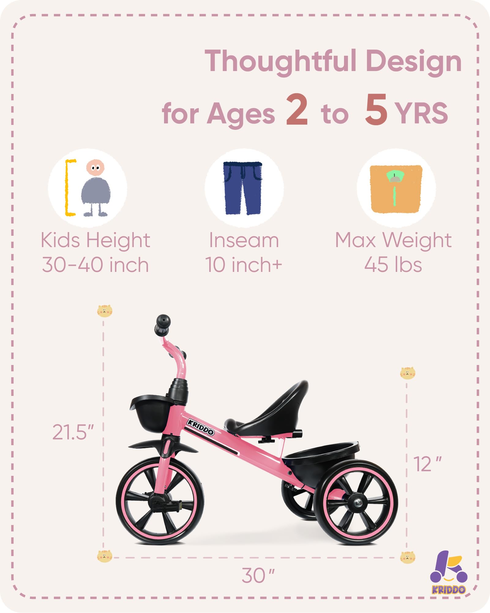 KRIDDO Kids Tricycle for 2-5 Year Olds - Gift for Toddlers - Black