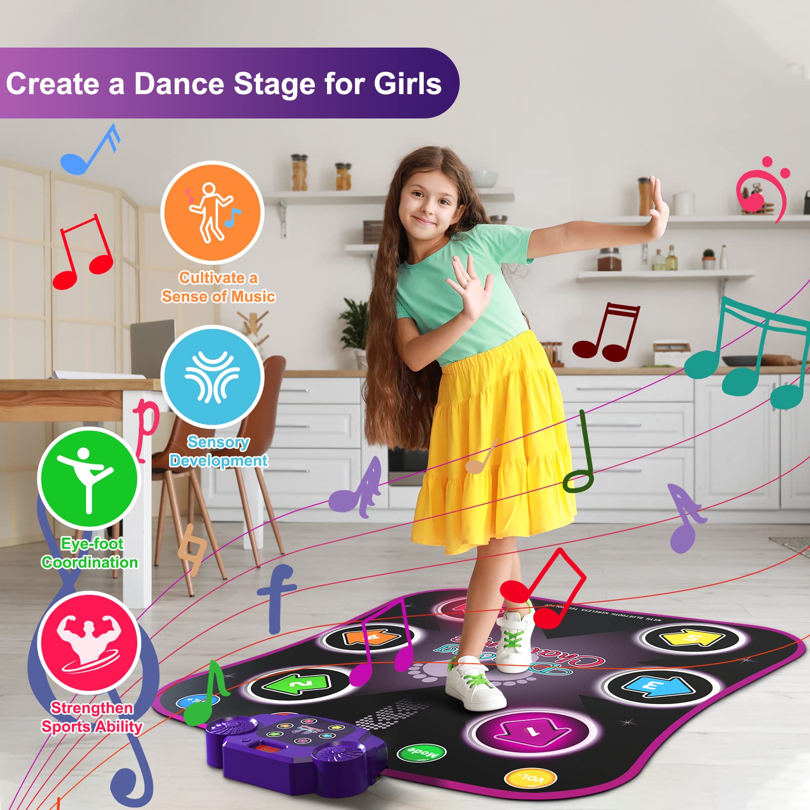 Flooyes Dance Mat Toys for 3-12 Year Old Kids, Electronic Dance Pad with Light-up 6-Button Wireless Bluetooth, Music Dance with 5 Game Modes, Birthday Toys Gifts for 3 4 5 6 7 8 9 10+ Year Old Girls