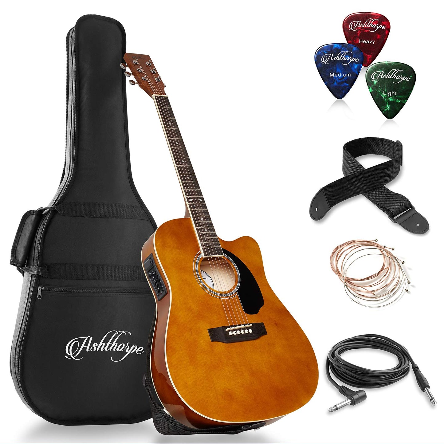 Ashthorpe Full-Size Cutaway Thinline Acoustic-Electric Guitar Package - Premium Tonewoods - Black