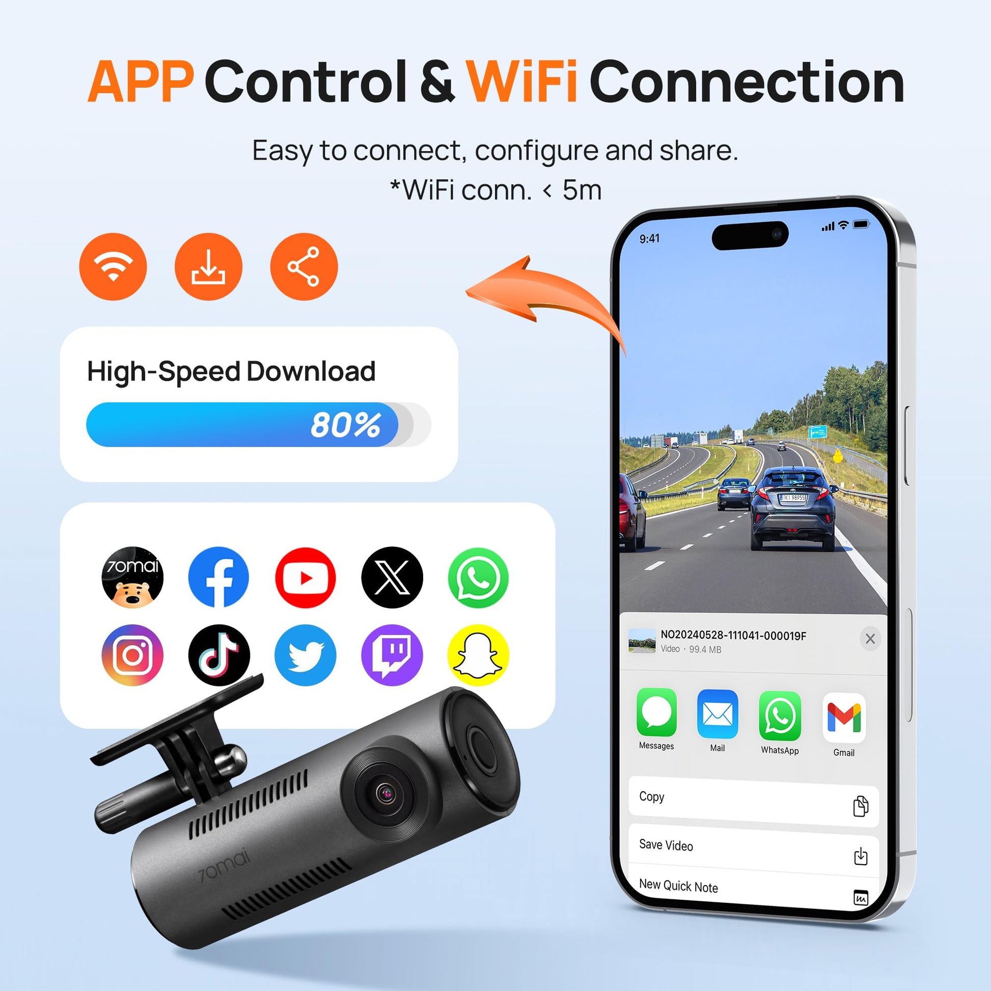 70mai Smart Dash Cam, 1080P FHD Dash Camera for Cars, Car Camera with Starvis 2 IMX662, HDR, WiFi, G-Sensor, Voice Control, APP, Loop Recording, Parking Monitor, Time-Lapse