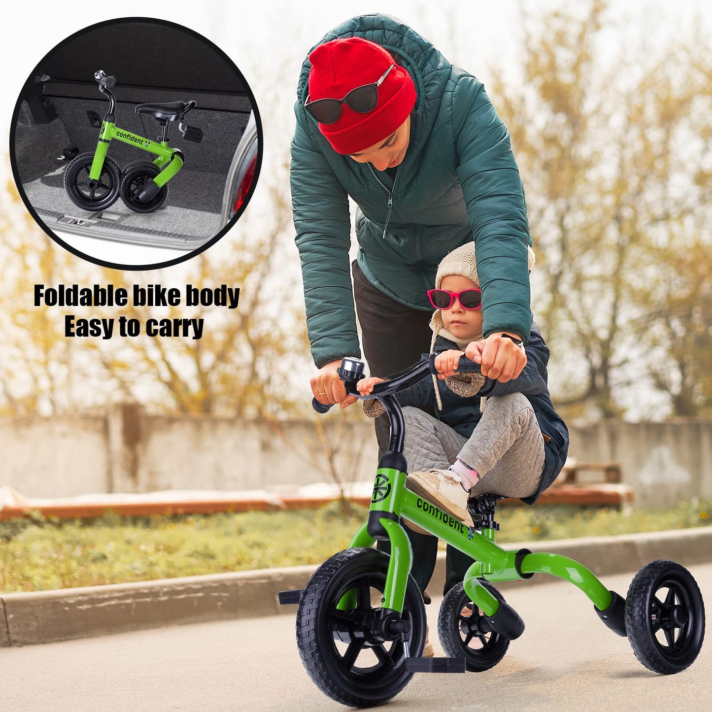 YGJT 3 in 1 Tricycle for Toddlers Age 2-5 Years Old, Folding Kids Balance Bike with Adjustable Seat and Removable Pedal, Toddler Bike Ride-on Toys for Infant, Gifts for Baby Boys Girls(Army Green)