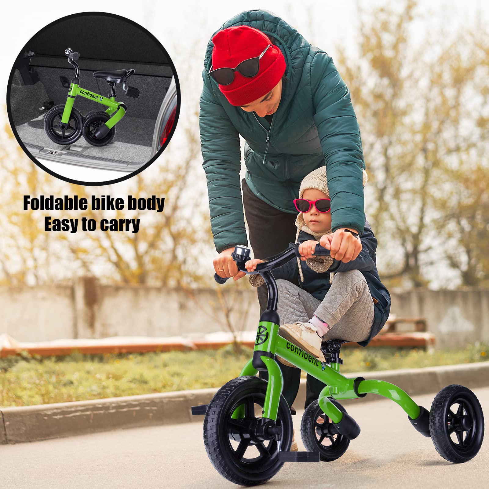 YGJT 3 in 1 Tricycle for Toddlers Age 2-5 Years Old, Folding Kids Balance Bike with Adjustable Seat and Removable Pedal, Toddler Bike Ride-on Toys for Infant, Gifts for Baby Boys Girls(Army Green)