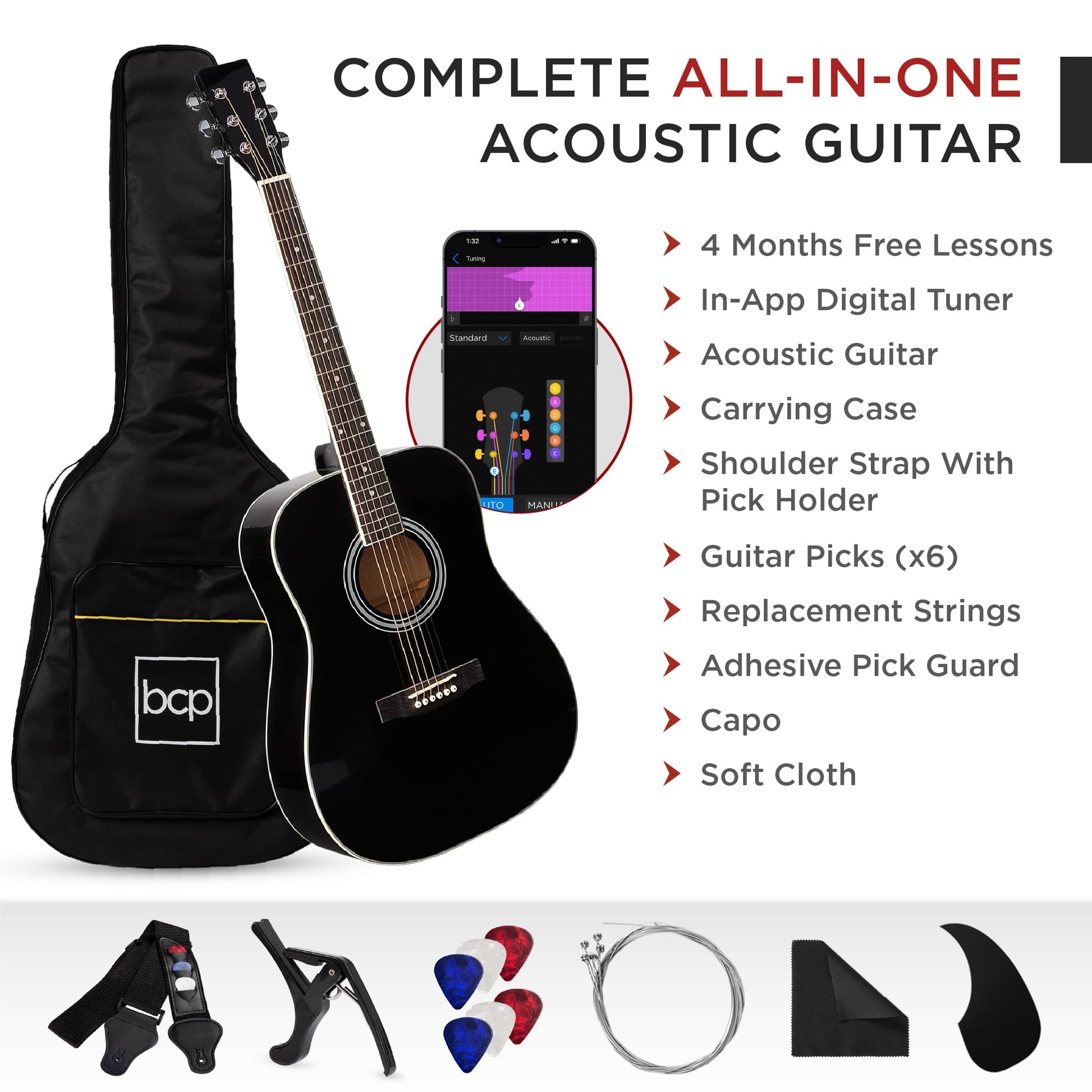 Best Choice Products 41in Full Size Beginner All Wood Acoustic Guitar Starter Set w/Gig Bag, Strap, Capo, Strings, Picks - Black