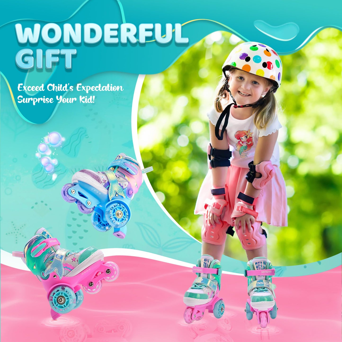 NEMONE Mermaid 4 Size Adjustable Light up Roller Skates for Girls, Purple Blue Skates for Toddlers, Beginner Kids Roller Skates Indoor Outdoor