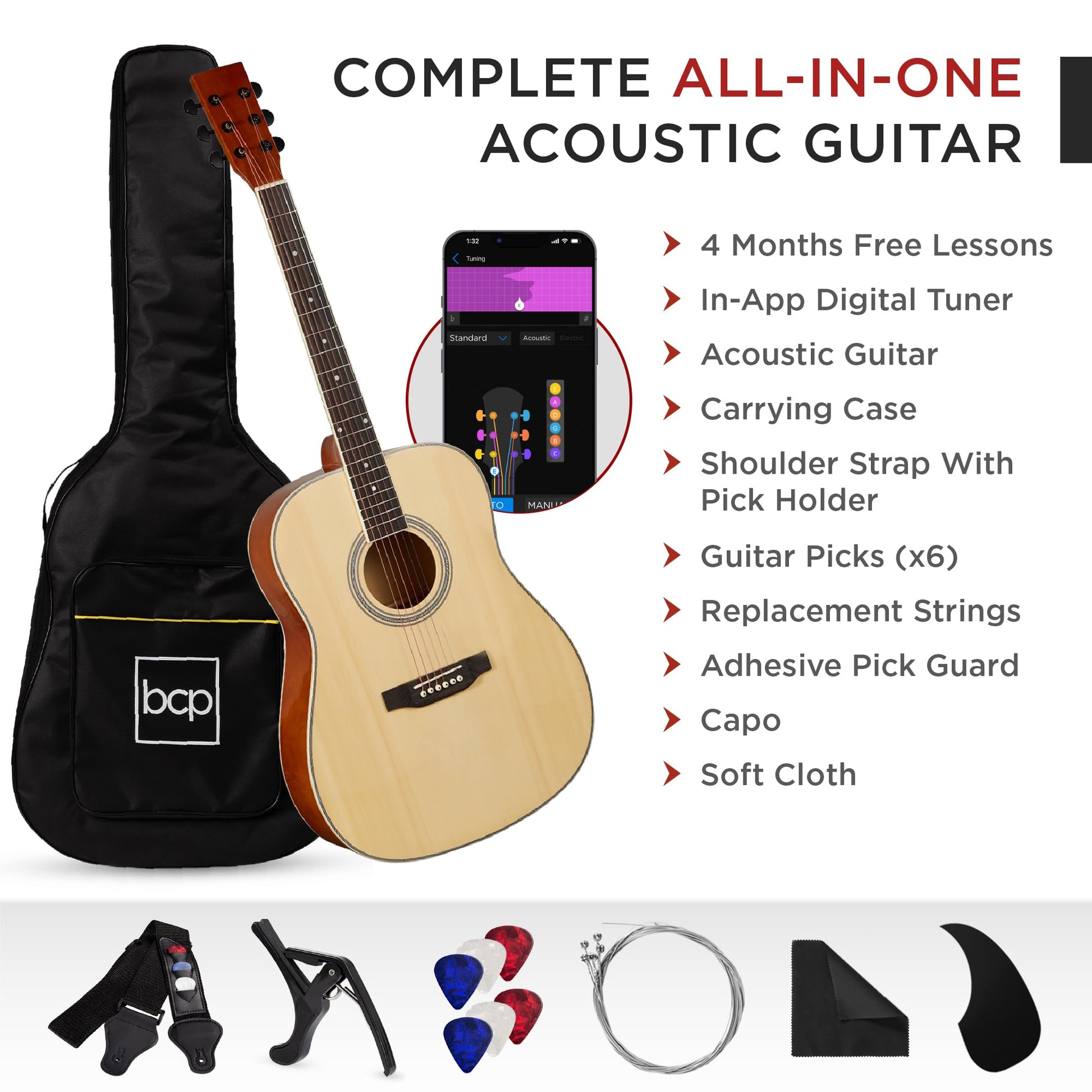 Best Choice Products 41in Full Size Beginner All Wood Acoustic Guitar Starter Set w/Gig Bag, Strap, Capo, Strings, Picks - Black