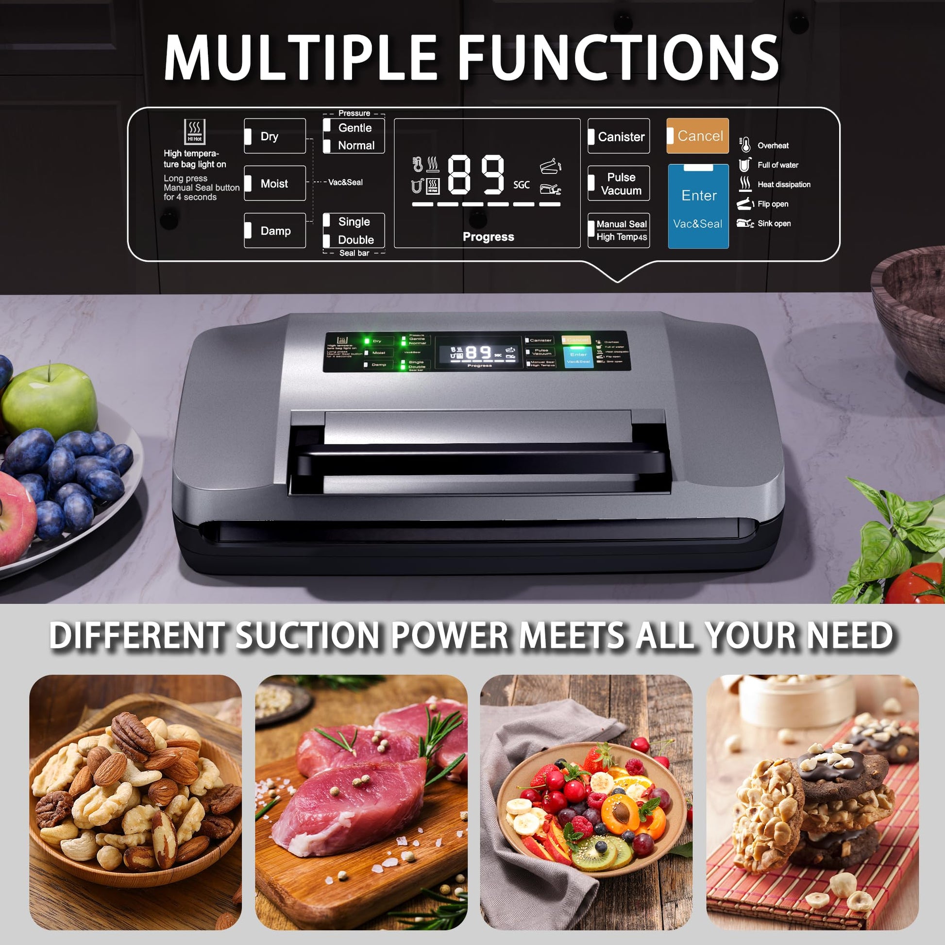 95kpa Vacuum Sealer Machine,Commercial Full Automatic Food Sealer,Powerful Sealing System with Double Heat Seal,Bags Storage, Easy-Lock Handle,Build-in Cutter,1 Bag Rolls and 10 pcs Pre-cut Bags