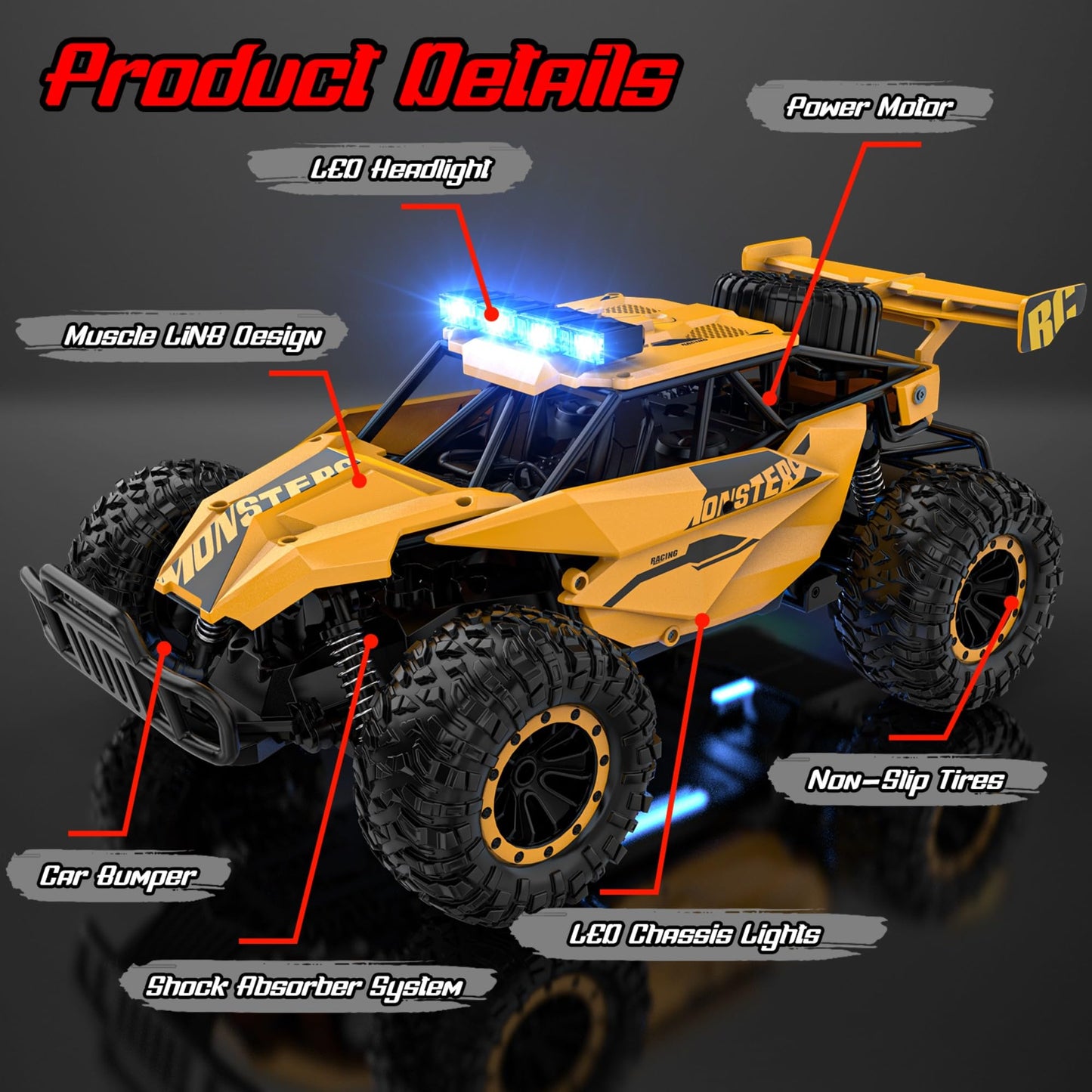 BLUEJAY Remote Control Car, 2.4GHz High Speed 33KM/H RC Cars Toys, 1:12 Monster RC Truck Off Road with LED Headlight and Rechargeable Battery Gifts for Adults Boys 8-12