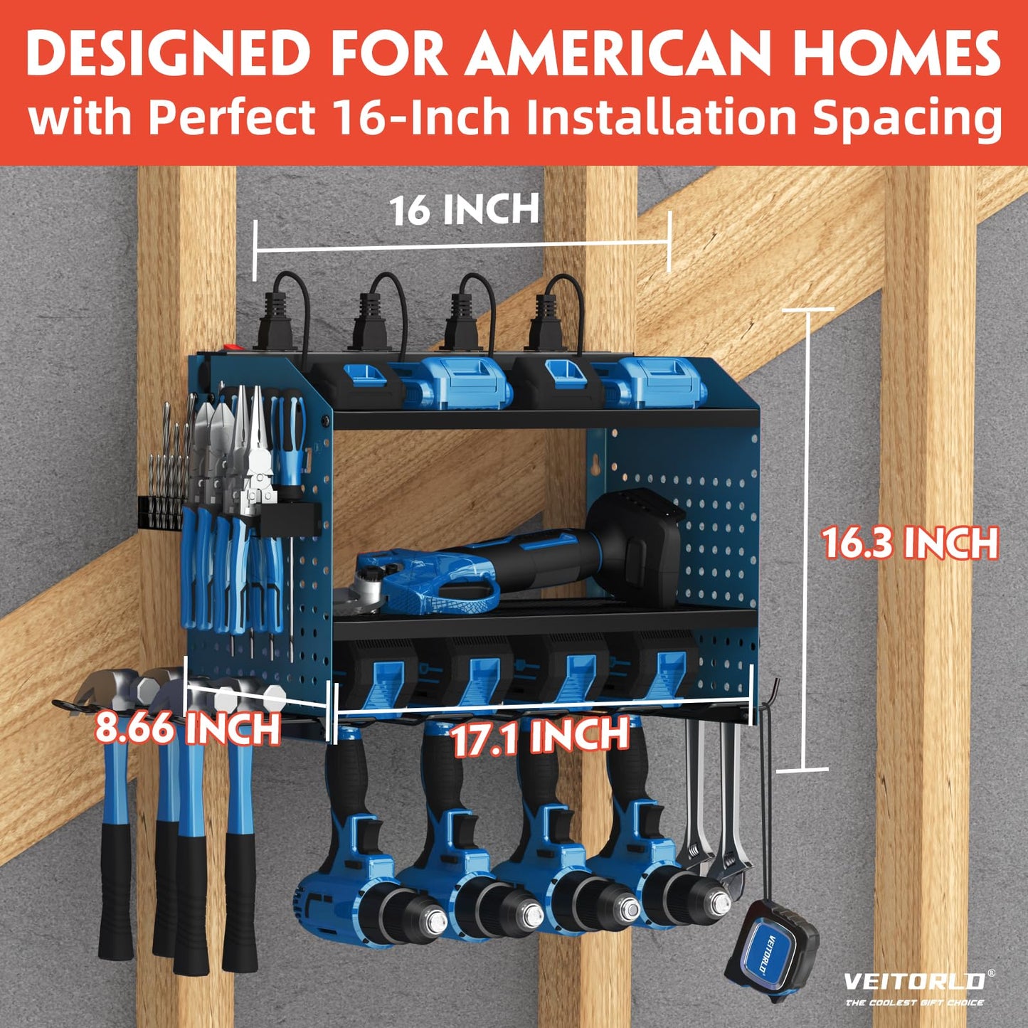 Veitorld Power Tool Organizer with Charging Station, Garage Tool Storage Organizer Built in 8 Outlet Power Strip with Drawers, 6 Drill Holder Wall Mount, Gifts for Men Dad Husband Him Fathers Day