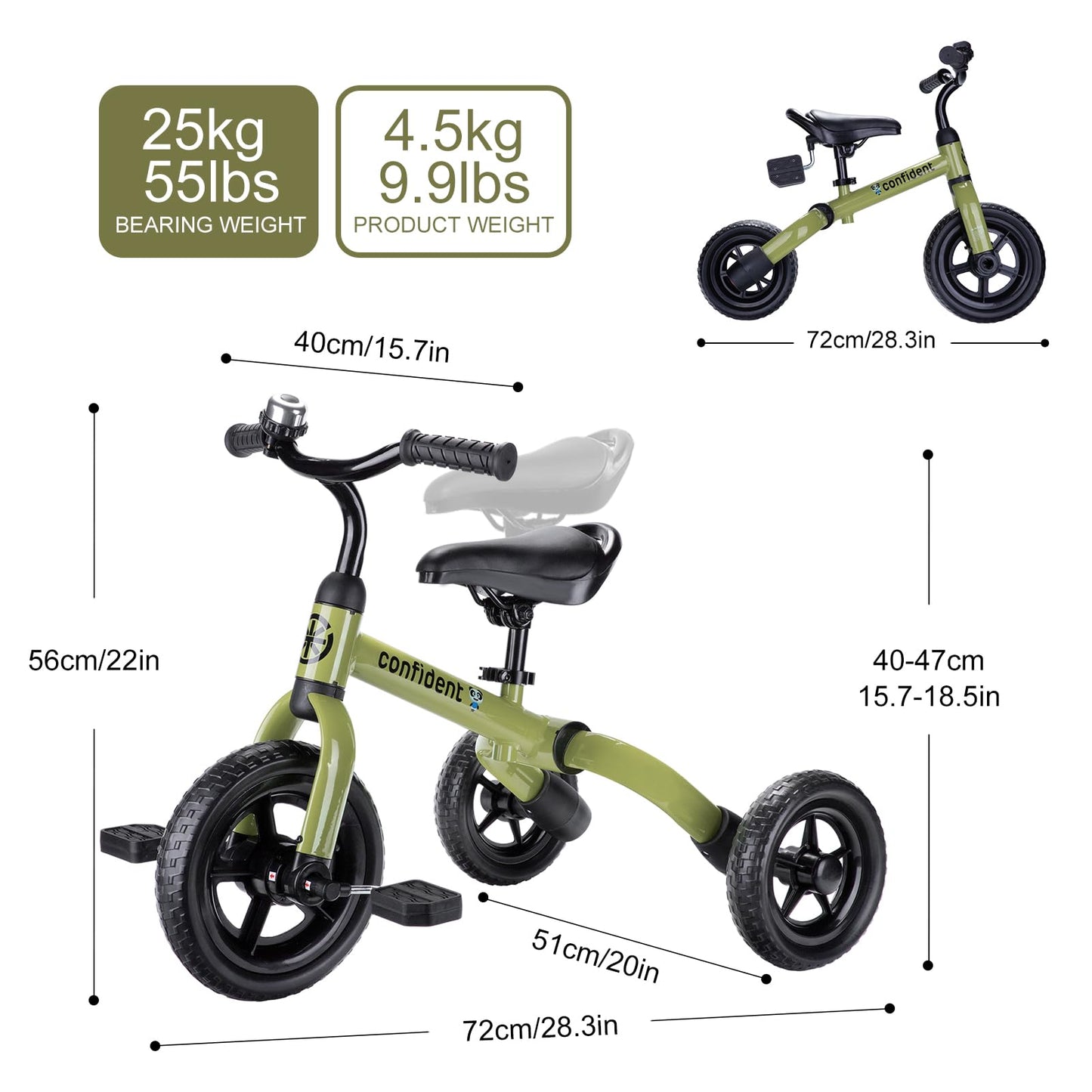 YGJT 3 in 1 Tricycle for Toddlers Age 2-5 Years Old, Folding Kids Balance Bike with Adjustable Seat and Removable Pedal, Toddler Bike Ride-on Toys for Infant, Gifts for Baby Boys Girls(Army Green)