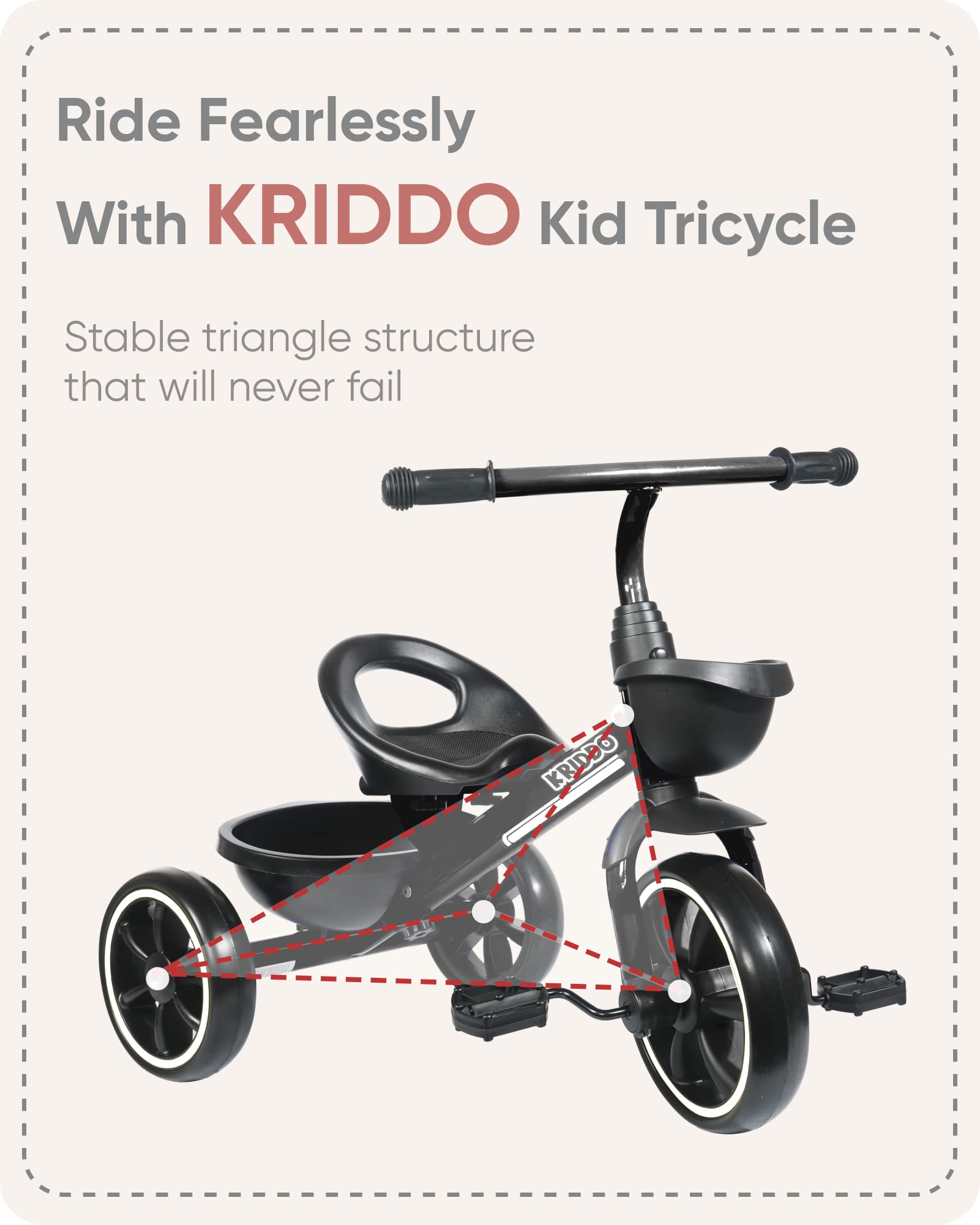 KRIDDO Kids Tricycle for 2-5 Year Olds - Gift for Toddlers - Black