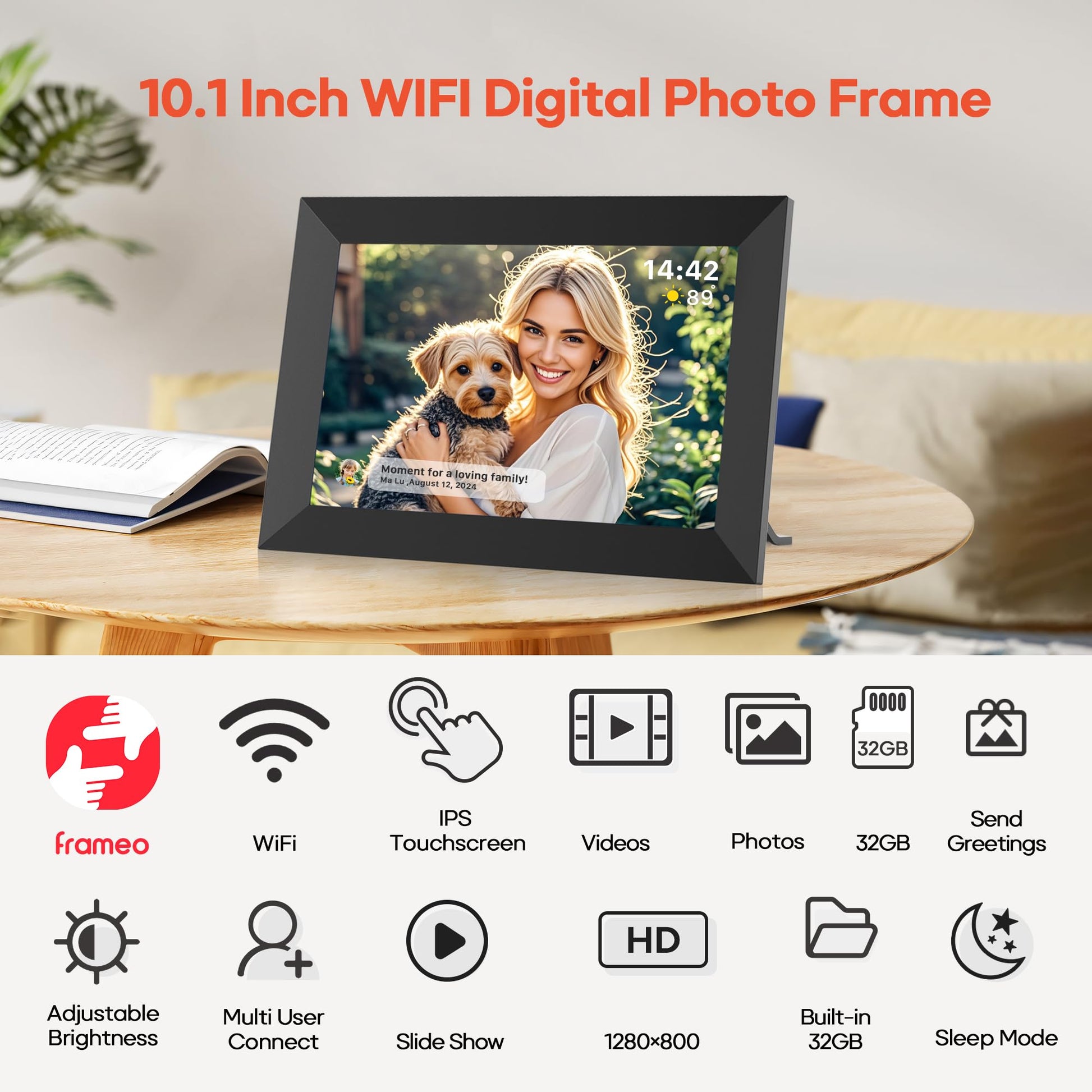 Frameo 10.1" WiFi Digital Picture Frame with 32GB Memory, 1280 x 800 IPS HD Touch Screen Electronic Photo Frame, Auto-Rotate, Slideshow, Wall Mountable, Share Photos/Video Remotely Anywhere